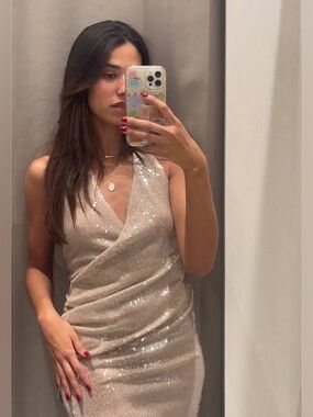 Zara One-Shoulder Sequin Wrap Dress in Champagne